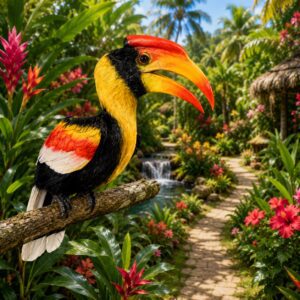 Colorful hornbill perched in tropical garden