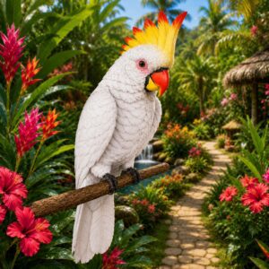White cockatoo with yellow crest in garden