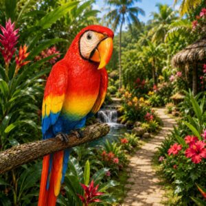 Scarlet macaw perched in lush tropical garden