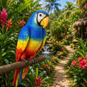 Vibrant macaw perched in tropical garden