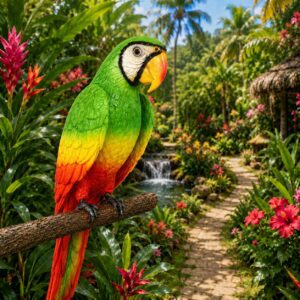 Colorful parrot perched in tropical garden