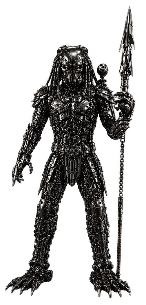 Intricate metal sculpture of alien warrior