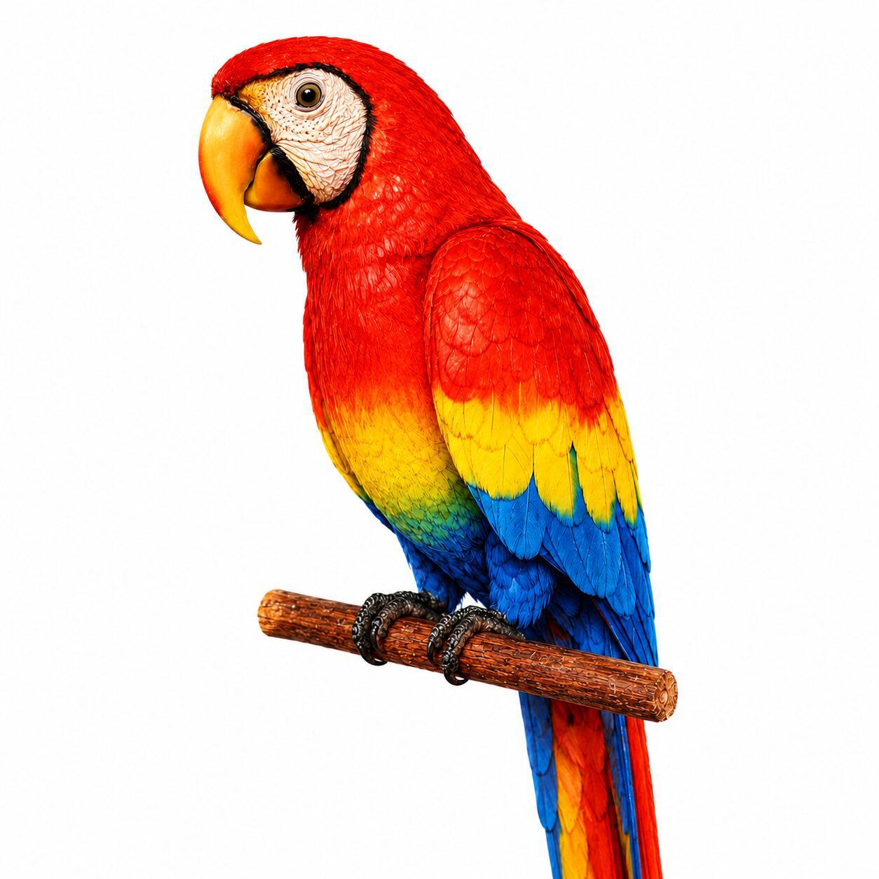 Colorful macaw parrot on wooden perch