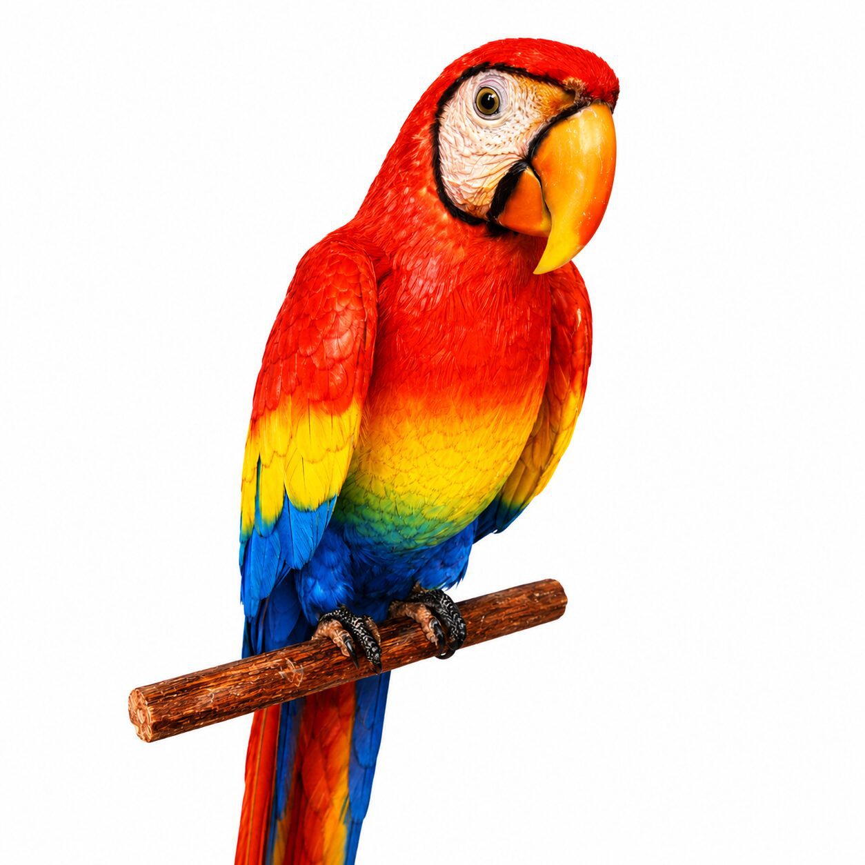 Scarlet macaw perched on wooden branch