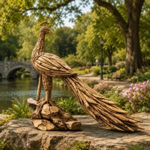 Wooden peacock sculpture by park pond