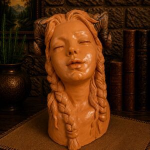 Ram-horned terracotta bust with braided hair