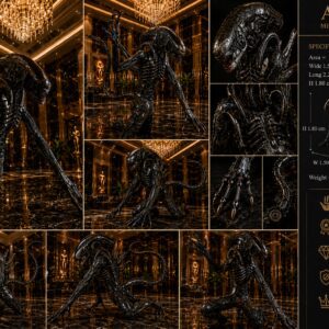 Collage of metal xenomorph sculpture with specifications