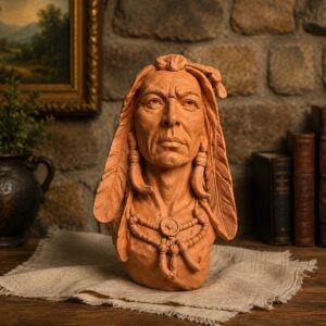 Terracotta Native American bust wearing feathers