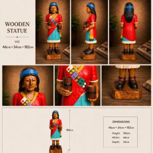 Wooden carved statue of woman holding cups
