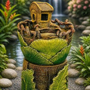 Leafy ceramic garden fountain by pond