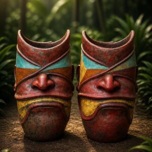 Two colorful carved tribal masks on forest path