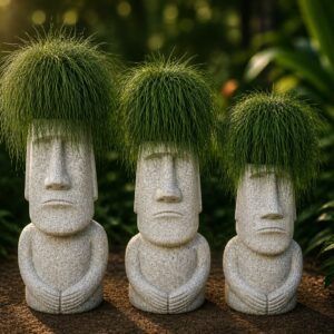 Three stone statues with grassy hair