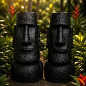Two black Moai statues in tropical garden