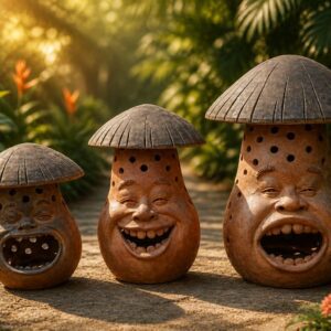 Three laughing mushroom-shaped ceramic garden sculptures