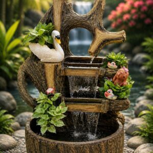 Tiered garden fountain with swan planter