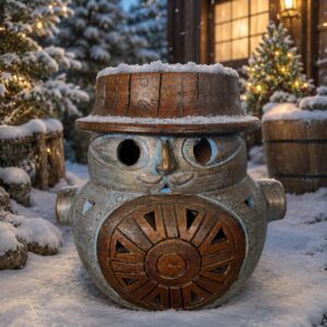 Wooden snowman sculpture with snow-covered hat