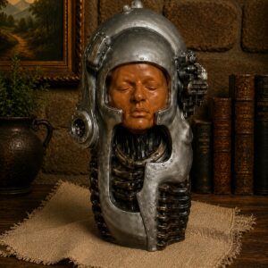 Metallic sci-fi helmet with human face