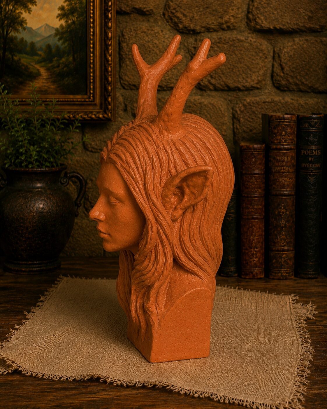 A Terracotta bust of antlered woman.