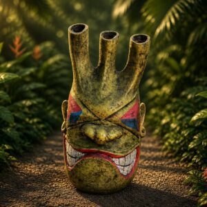 Grinning tiki mask on tropical forest path