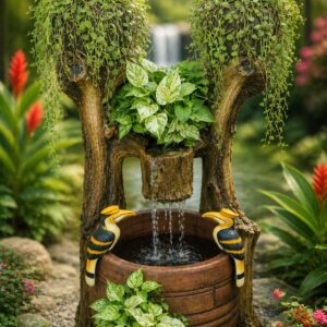 Garden fountain planter with cascading plants and birds