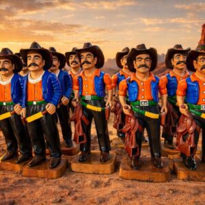 Row of toy cowboys in desert sunset
