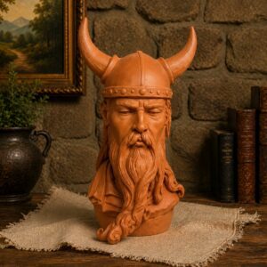 A Terracotta Viking bust with horned helmet.