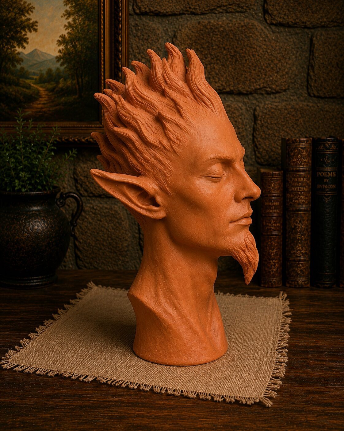 Terracotta male elf bust with spiky hair