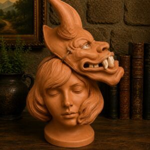 A new Terracotta bust of woman wearing demon mask.