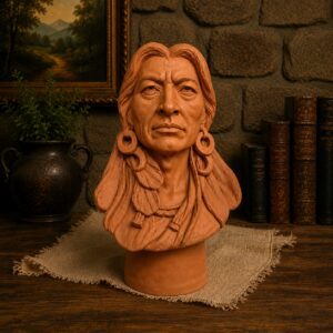 Terracotta bust with feathered hair and earrings
