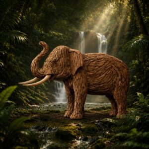 Wooden elephant sculpture near waterfall in forest