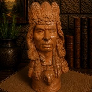 Terracotta bust wearing feather headdress