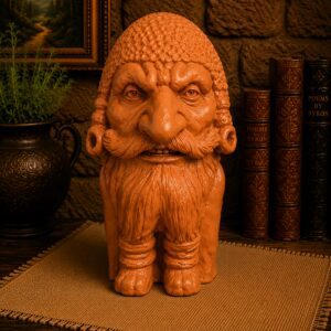 Orange gnome statue on table with books