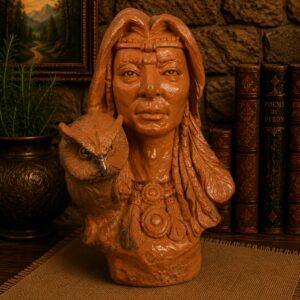 Clay bust of woman with owl