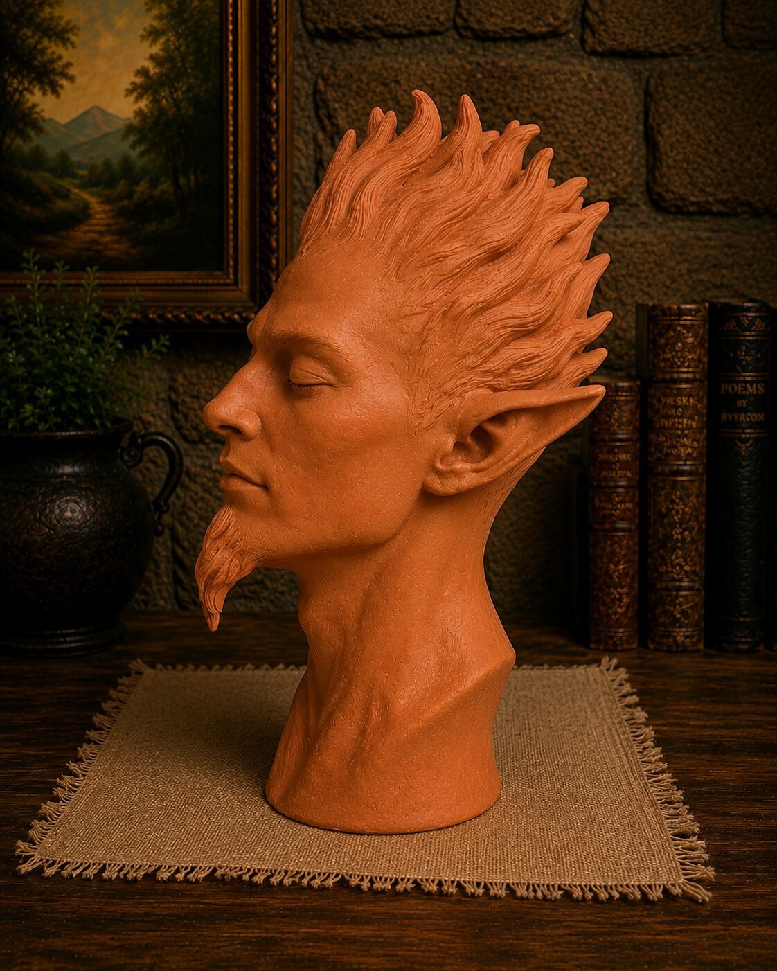 Terracotta elf profile with closed eyes