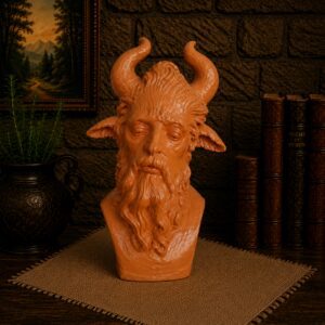 Terracotta bust of horned bearded satyr image.