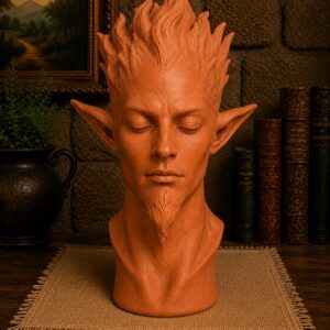 Terracotta fantasy bust with pointed ears and goatee