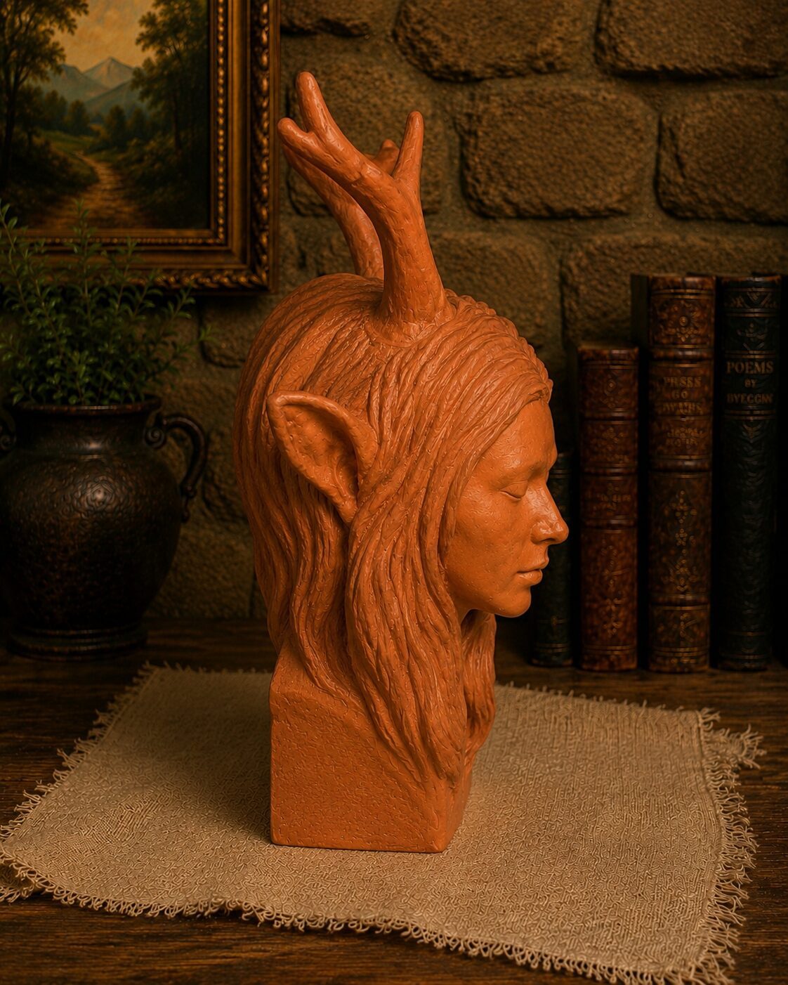 Terracotta bust of antlered elf woman