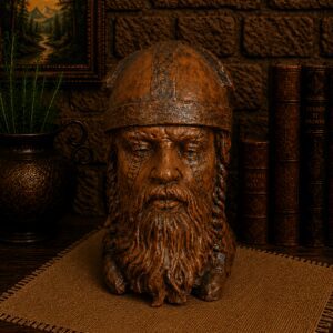 Carved wooden Viking head sculpture with beard