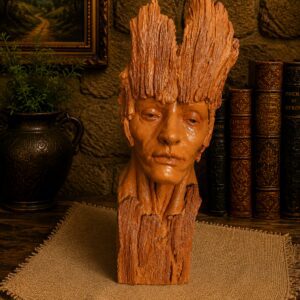 Terracotta tree-trunk bust with human face