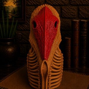Ceramic birdlike skull sculpture with red beak