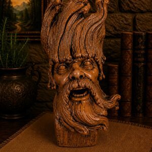 A Carved wooden face sculpture with flowing hair.