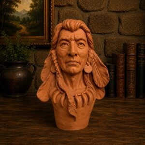 Terracotta bust of person with feathered headdress