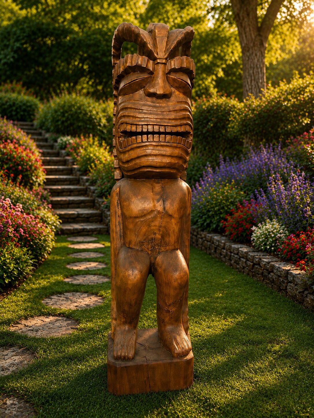 Large Hand-Carved Wooden Tiki Statue - Image 3