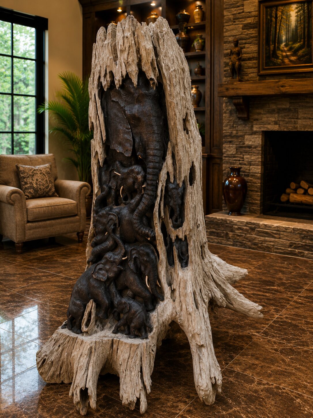 Elephant Family Wood Sculpture - Image 2