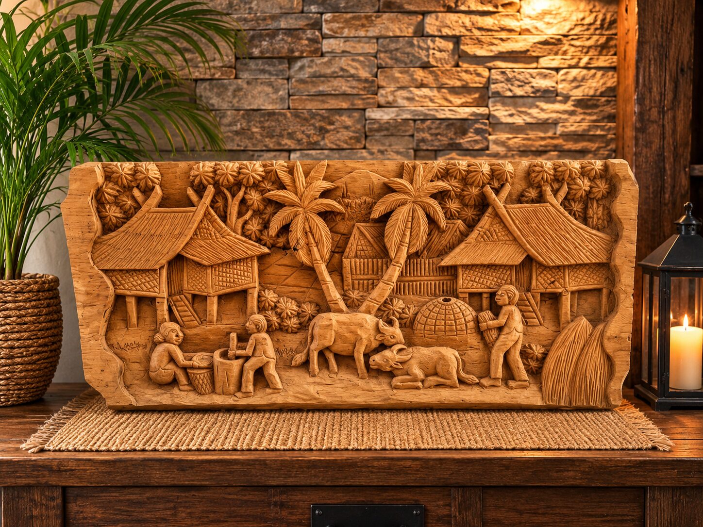 Thai Village Han-carved Wood Wall Decoration - Image 3