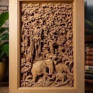 Large Elephant Screen Carved Wood Wall Hanging