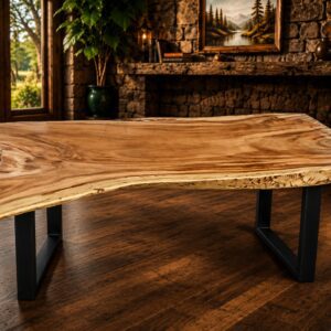 Live edge Acacia wood dining table with frame metal legs